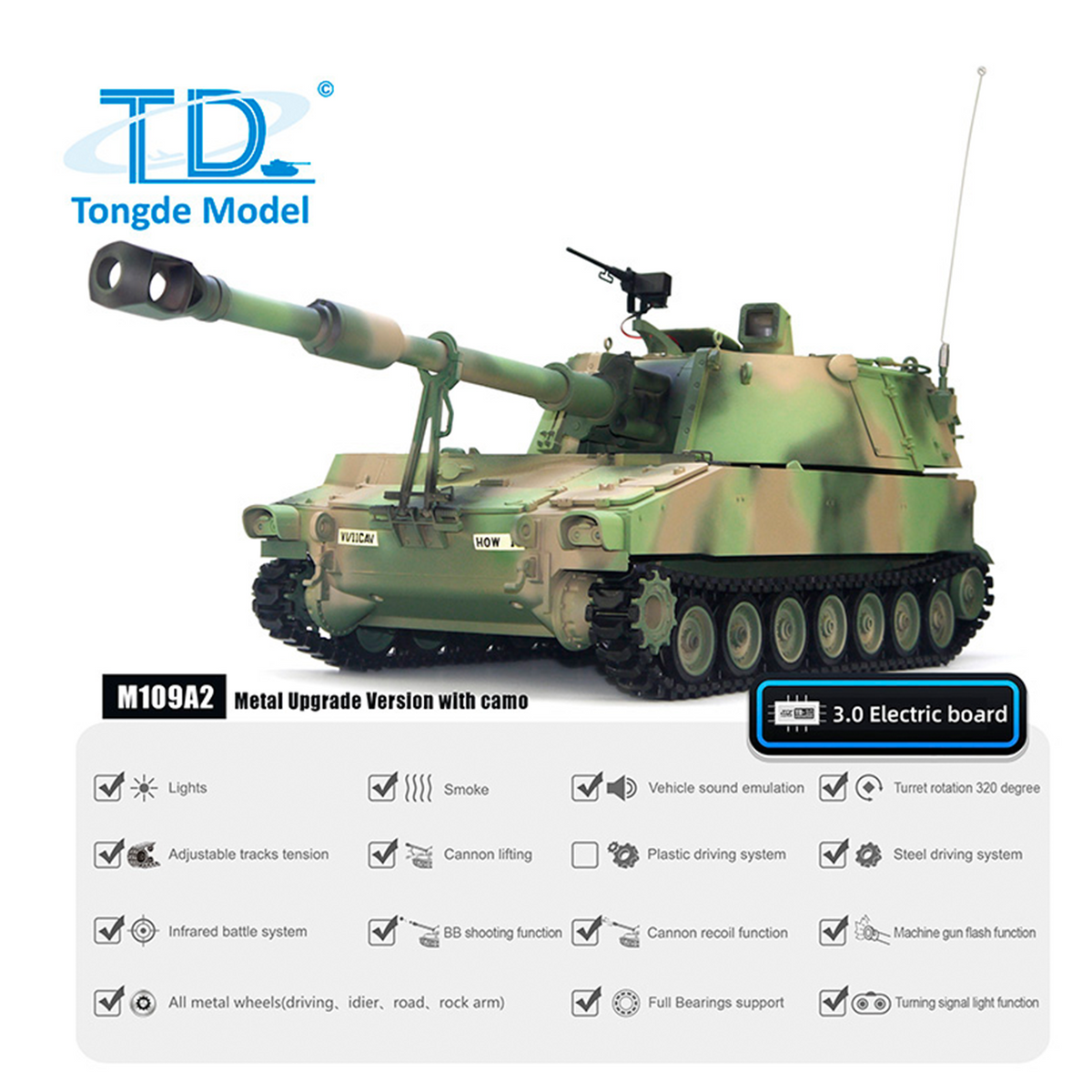TOUCAN RC HOBBY Tongde Model 1/16 M109A2 RC Tank RTR Self-propelled Howitzer Sound Light Metal Wheels Smoke BB Unit Barrel Recoil System