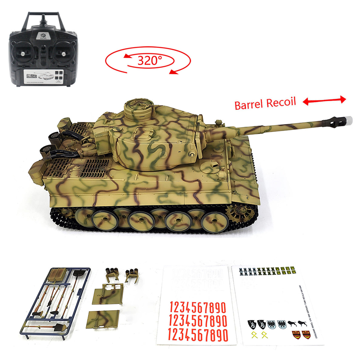 TOUCAN RC HOBBY CoolBank 2.4Ghz 1/16 7.0 Plastic German Tiger I RTR RC Tank 3818 BB IR Barrel Recoil Steel Gearbox 320 Degree Rotating Turret