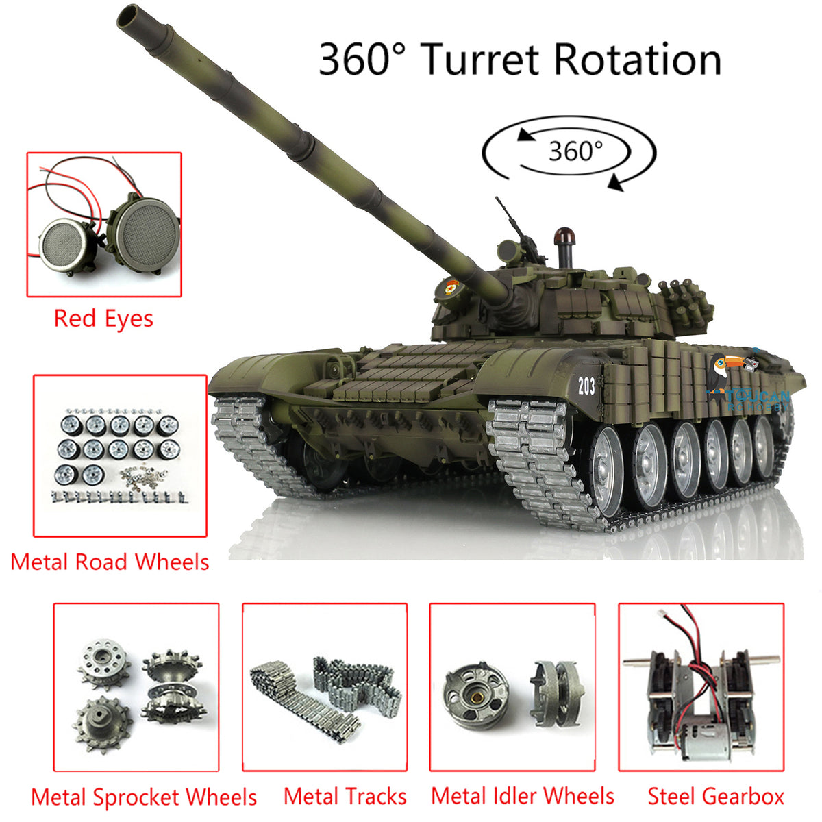 TOUCAN RC HOBBY Heng Long 1/16 RTR Metal RC Tank Remote Controlled Tracks 360 Turret 7.0 Russia T72 Red Eyes 3939 BB Pellets Infrared Battle