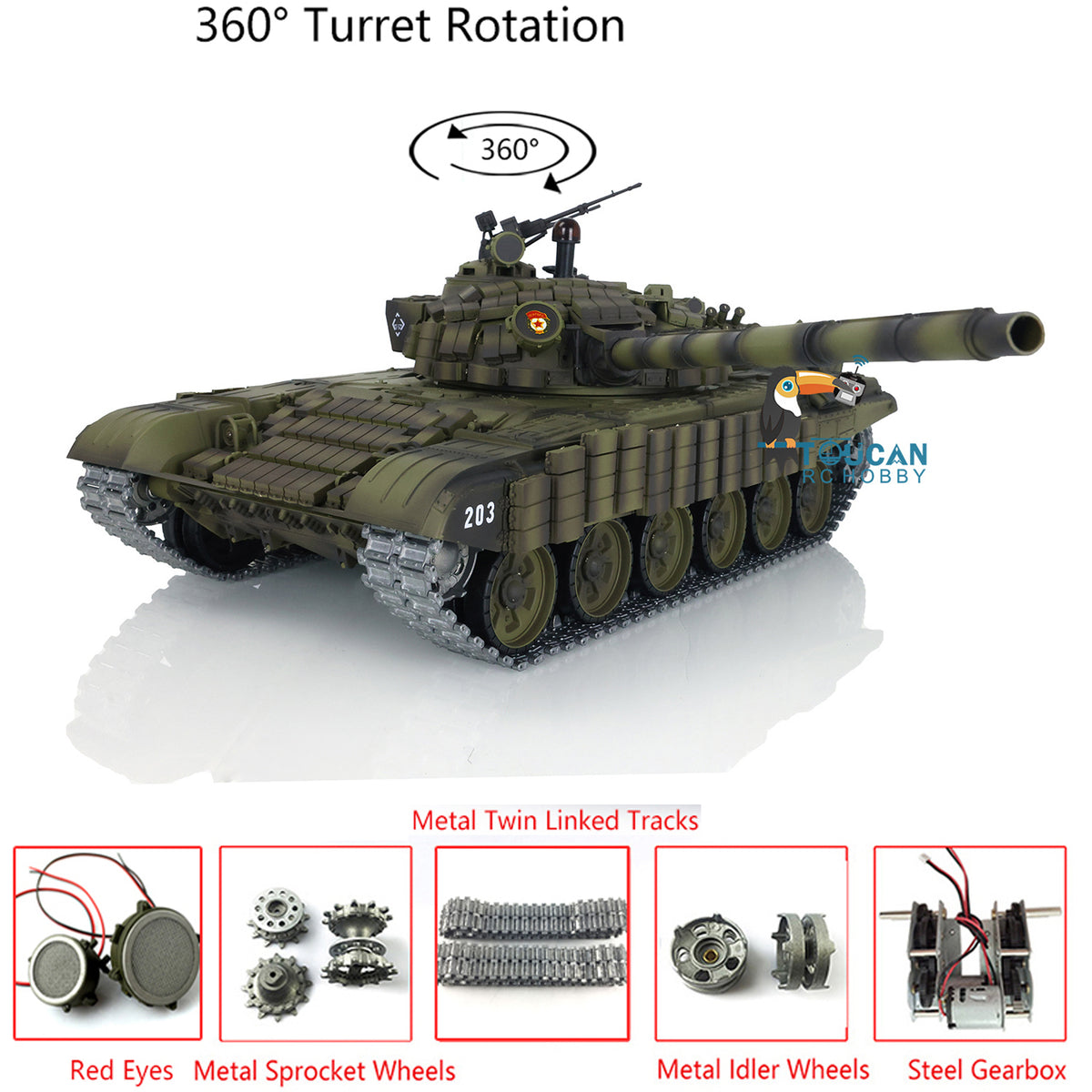 TOUCAN RC HOBBY Heng Long 1:16 RC Battle Tank TK7.0 Russia T72 3939 360 Turret BB Shooting Redeyes Wireless Upgraded Versions