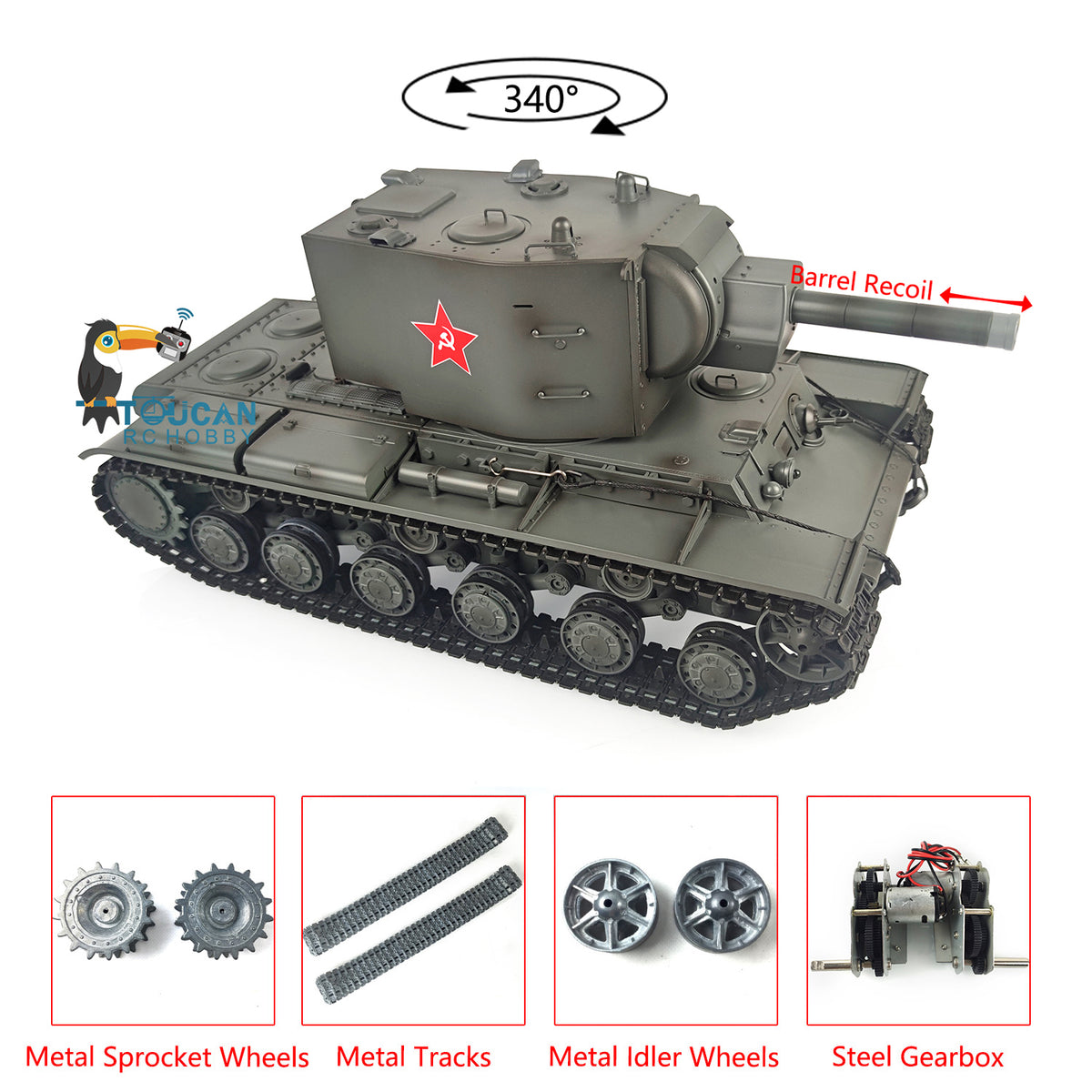 TOUCAN RC HOBBY Heng Long 1/16 Painted Upgraded 7.0 RC Tank Gigant Metal Military Tracks Soviet KV-2 RTR 3949 BB Shooting Infrared Combating