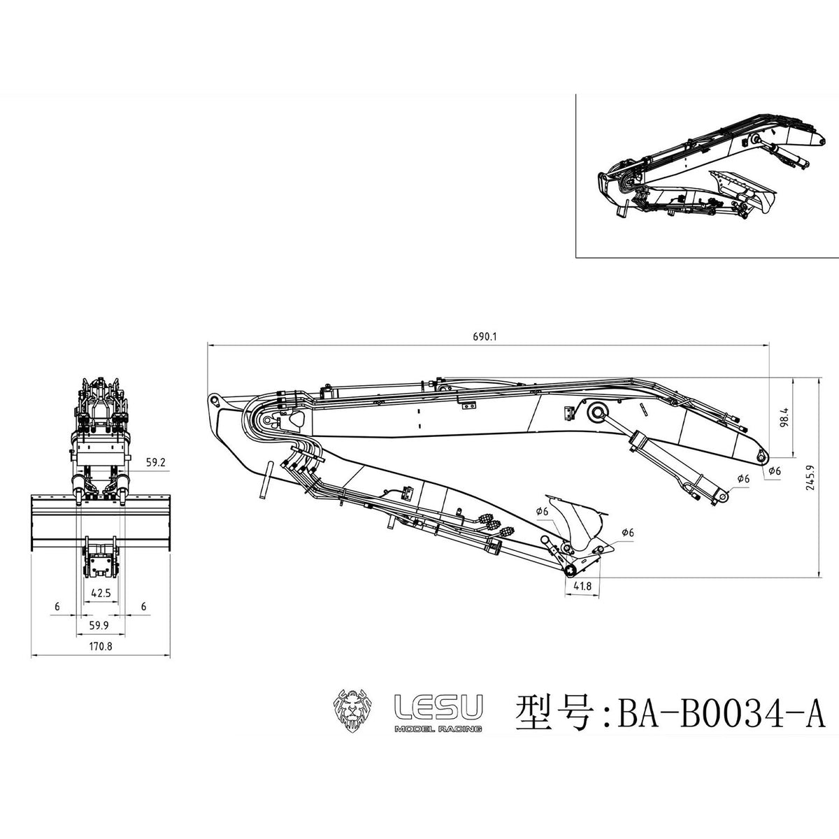 TOUCAN RC HOBBY Metall-Langarm-Bausatz für LESU 1/14 7-Kanal-Ventil RC-Hydraulikbagger LR945 DIY ferngesteuertes Bagger-Modell Upgrade- und Umbauteile