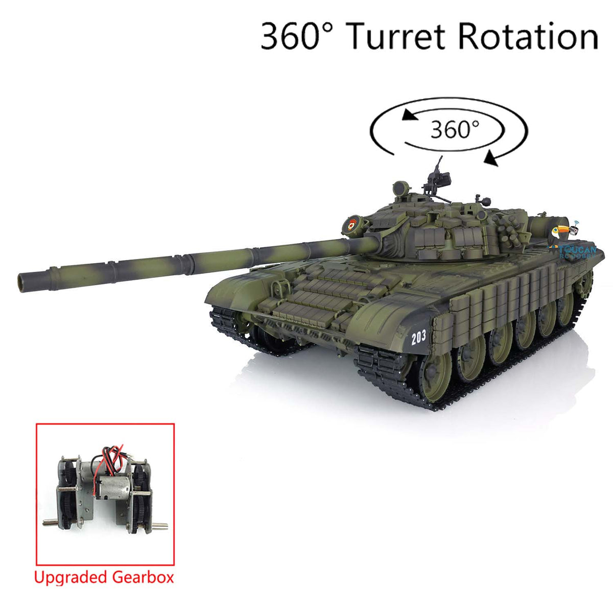 TOUCAN RC HOBBY Char radiocommandé Heng Long 1/16 Soviet Russian T72 7.0 3939, boîte de vitesses en acier 360, pièce de blindage, système de combat infrarouge