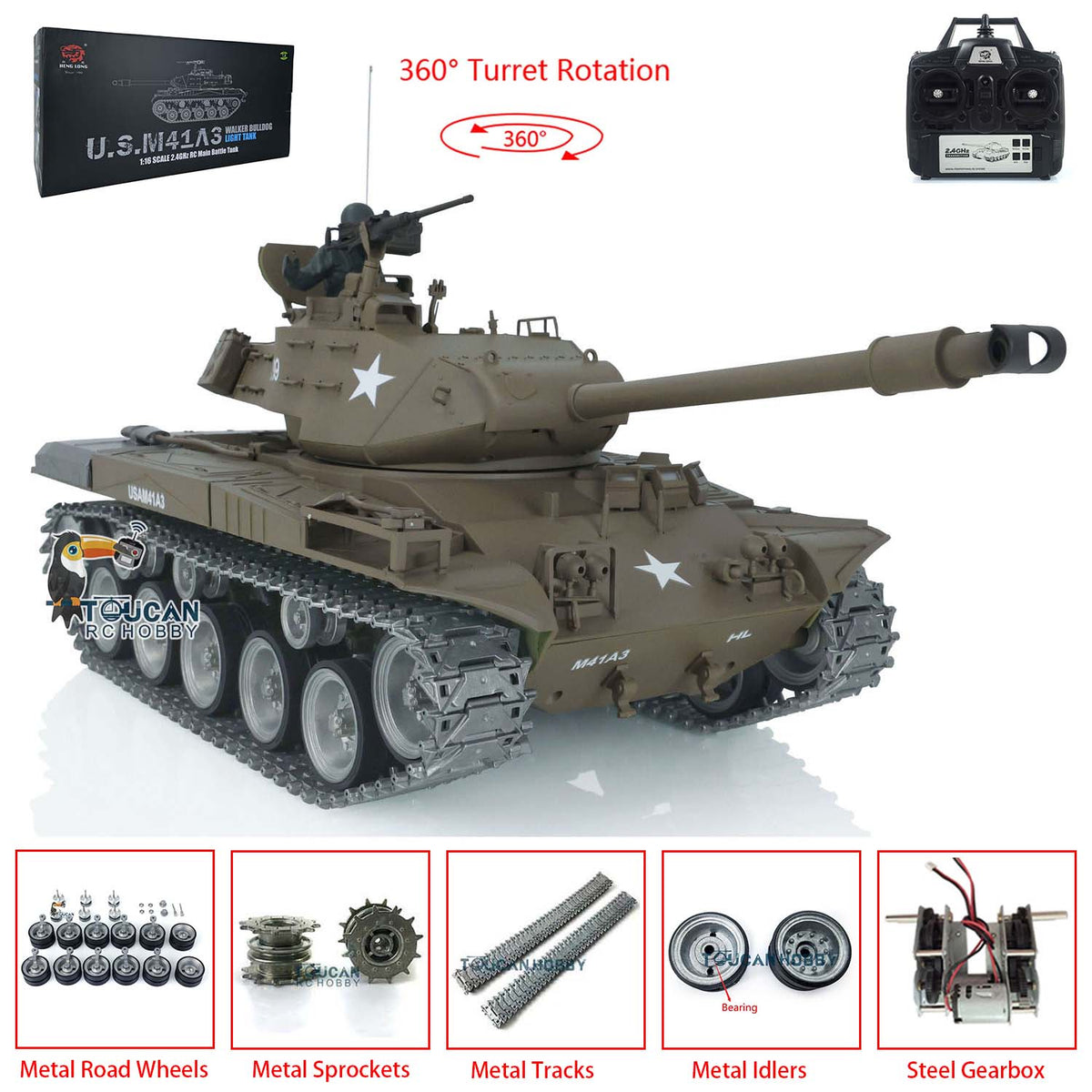 TOUCAN RC HOBBY US Stock Heng Long 1/16 7.0 Customized Walker Bulldog RTR RC Tank 3839 Remote Controlled Model Smoking 360 Degree Full Metal Road Wheels