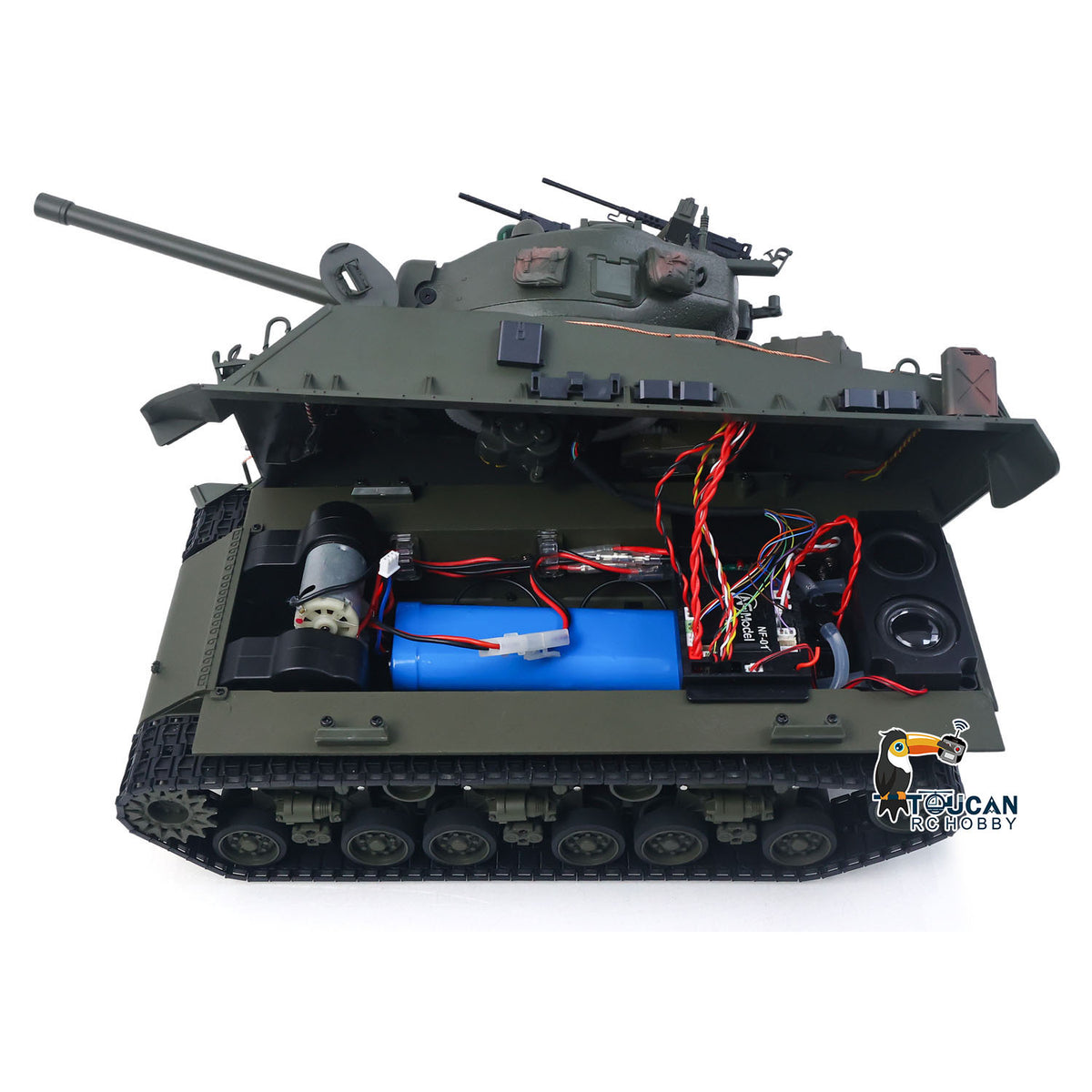 TOUCAN RC HOBBY HHRC US Stock RTR 1/16 RC Tank Sherman M4A3E8 IR BB Barrel Elevation Smoking Metal Chassis Tracks Road Wheels Machine Gun 360 Degree Rotation