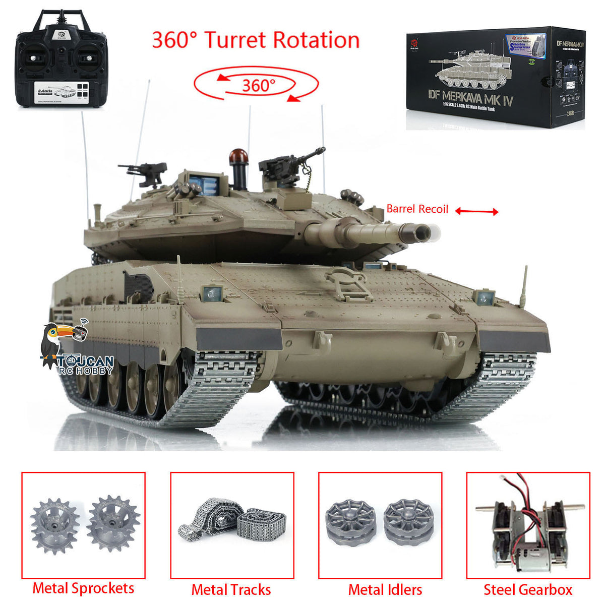 TOUCAN RC HOBBY 1:16 RC Military Battle Tanks Heng Long IDF Merkava MK IV 3958 Upgraded Edition W/ Metal Driving Gearbox Tracks RC Model