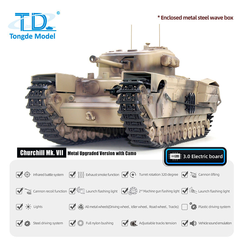 TOUCAN RC HOBBY 1/16 Military RC Battle Tank Churchill Mk.VII Metal Tracks Tongde Electric Tanks Painted Assembled Barrel Recoil Smoke Unit