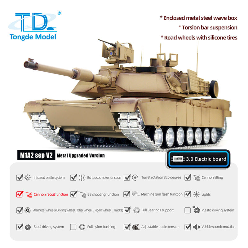 TOUCAN RC HOBBY 1/16 Tongde RC Infrared Battle Tank Radio Control Panzer M1A2 SEP V2 Abrams Electric Military Tanks 320 Rotation Simulation Model Barrel Recoil BB Unit