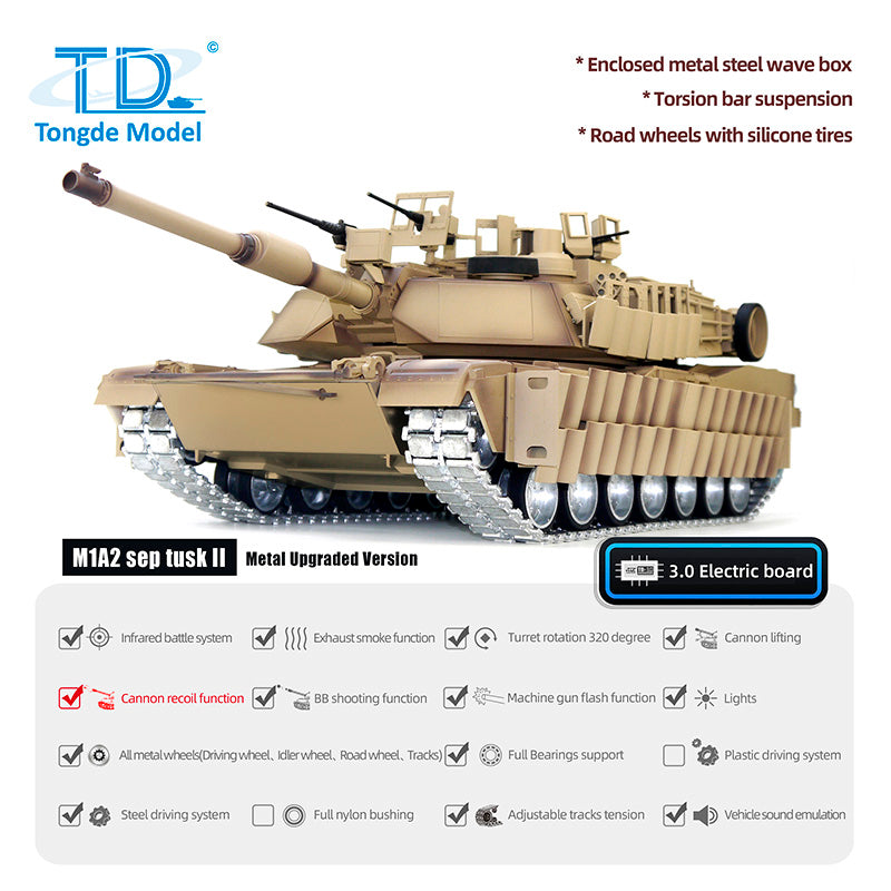 TOUCAN RC HOBBY Tongde 1/16 Abrams M1A2 RC Infrared Battle Tank SEP TUSK II Remote Controlled Electric Panzer Model 320 BB Unit Barrel Recoil System