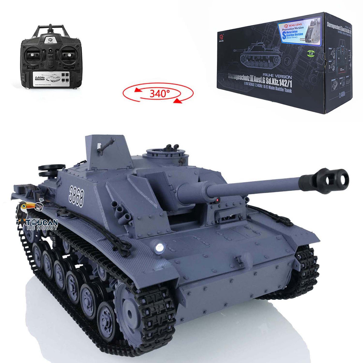 TOUCAN RC HOBBY US Stock 2.4Ghz Heng Long 1/16 Scale 7.0 Plastic German Stug III RTR RC Tank Model 3868 Smoke Unit Sound BB Shooting Unit IR