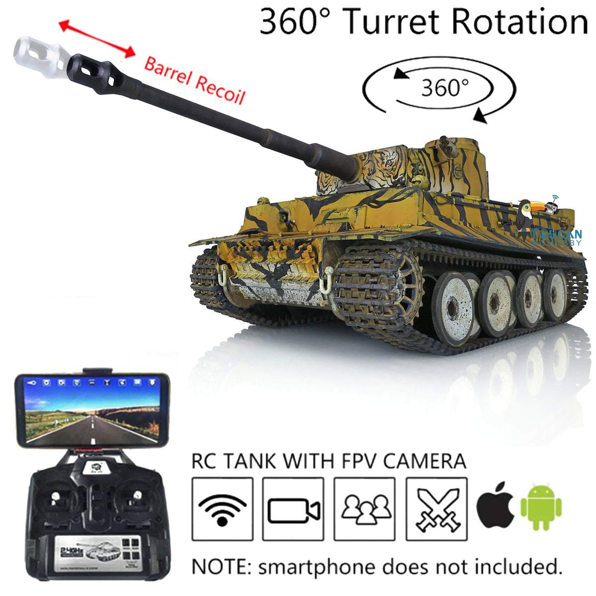TOUCAN RC HOBBY Heng Long 1/16 7.0 Tiger I RC Tank 3818 Radio Controlled Model Customized Metal Barrel Gearbox Tracks Sprockets Idlers 360 FPV