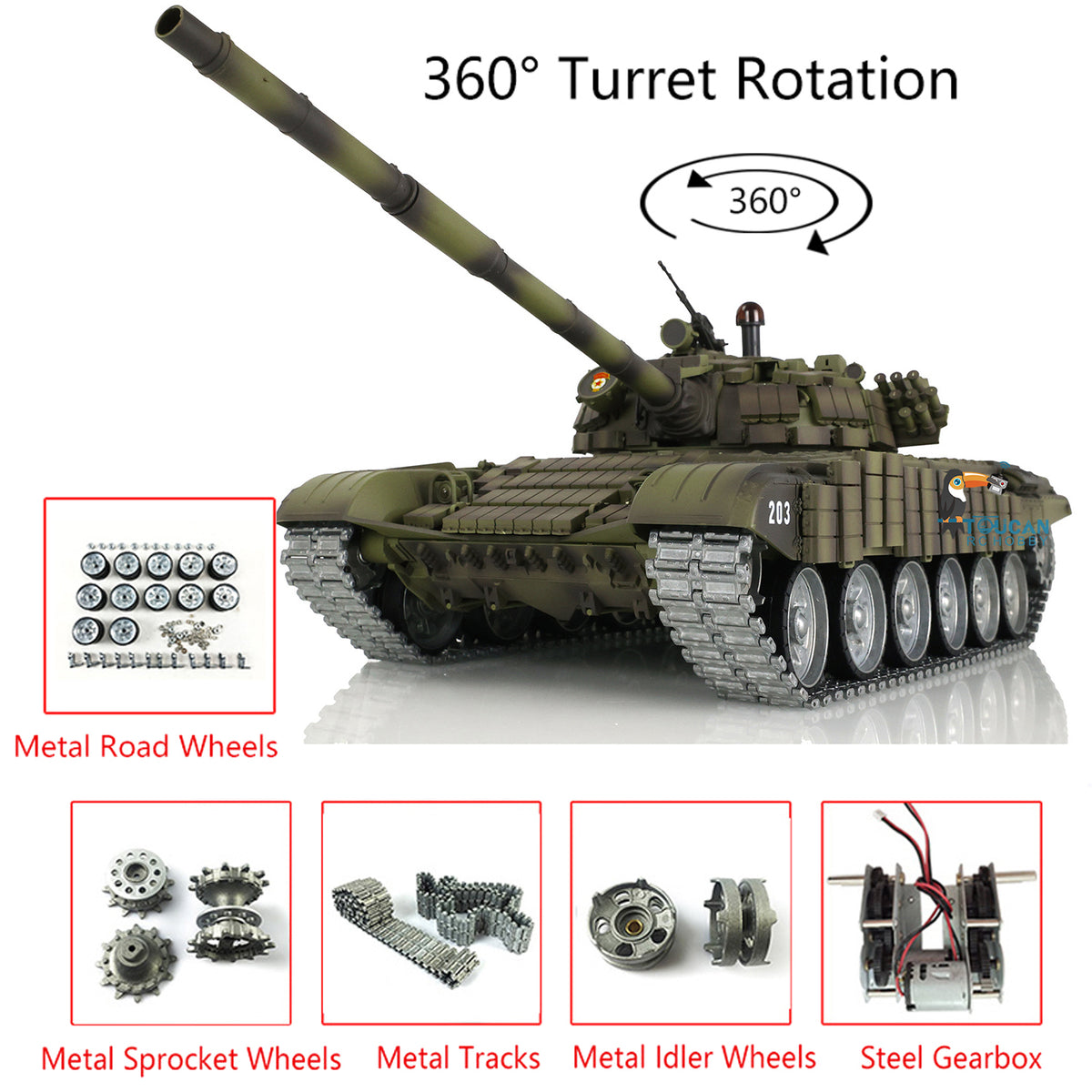 TOUCAN RC HOBBY Customized Edition Heng Long Radio Control T72 RC Battle Tank 1/16 RTR TK7.0 Receiver 3939 Armor Metal Tracks Road Wheels Tracks