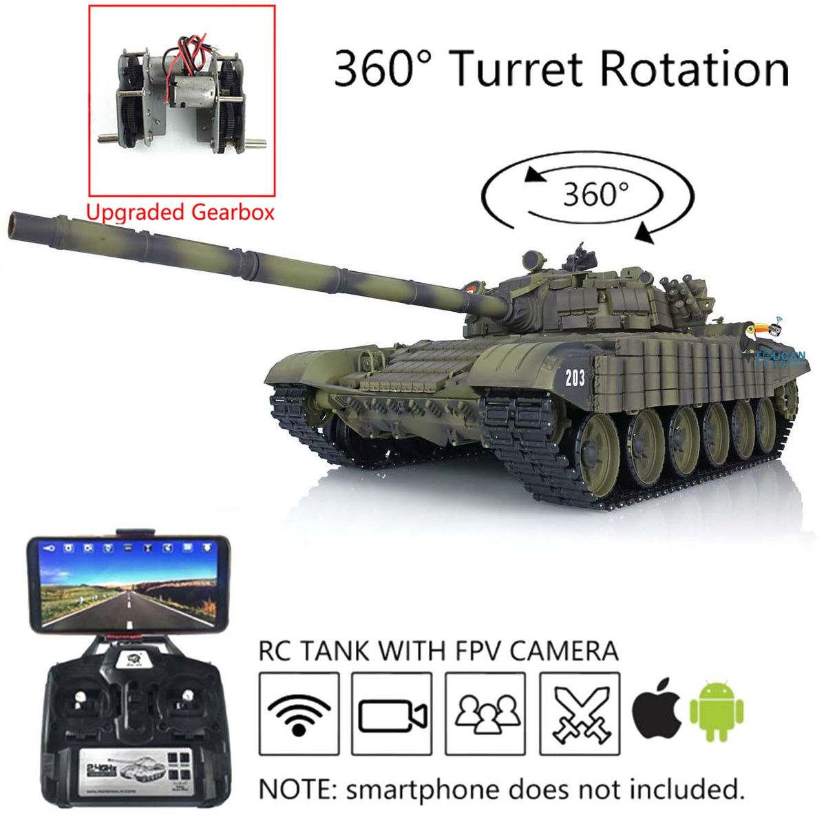 TOUCAN RC HOBBY Heng Long Remote Control Tank Military 1/16 TK7.0 T72 Battle Tank Installed FPV Steel Gearbox Tracks Stimulated Sounds Light