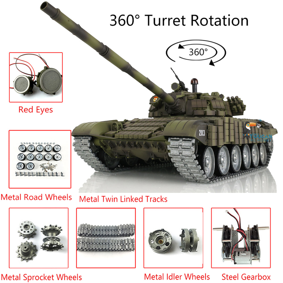 TOUCAN RC HOBBY Heng Long Russia T72 RC Tank 3939 360 Turret 1:16 TK7.0 Metal Tracks Linkages Red Eyes Smoke Unit Infrared Combating System