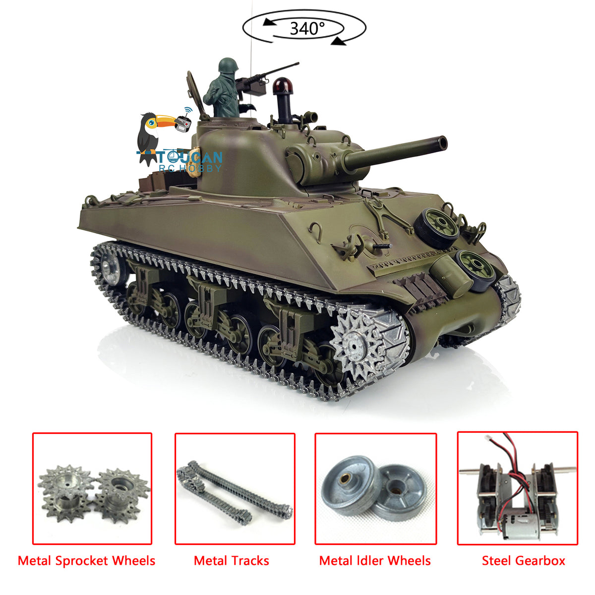 TOUCAN RC HOBBY US Stock Heng Long 1/16 Scale 7.0 Upgraded USA M4A3 Sherman RTR RC Tank 3898 Metal Tracks 340 Degree Turret 2.4Ghz Model