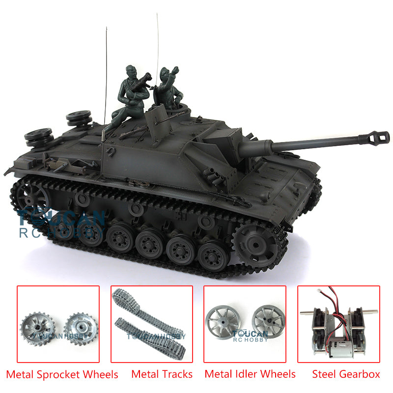 TOUCAN RC HOBBY Heng Long 1/16 RC Panzer 3868 7.0 aufgerüsteter deutscher Stug III RTR Panzer mit Metallketten, Leit- und Treibrädern, Rauch, Getriebe und Motorsound
