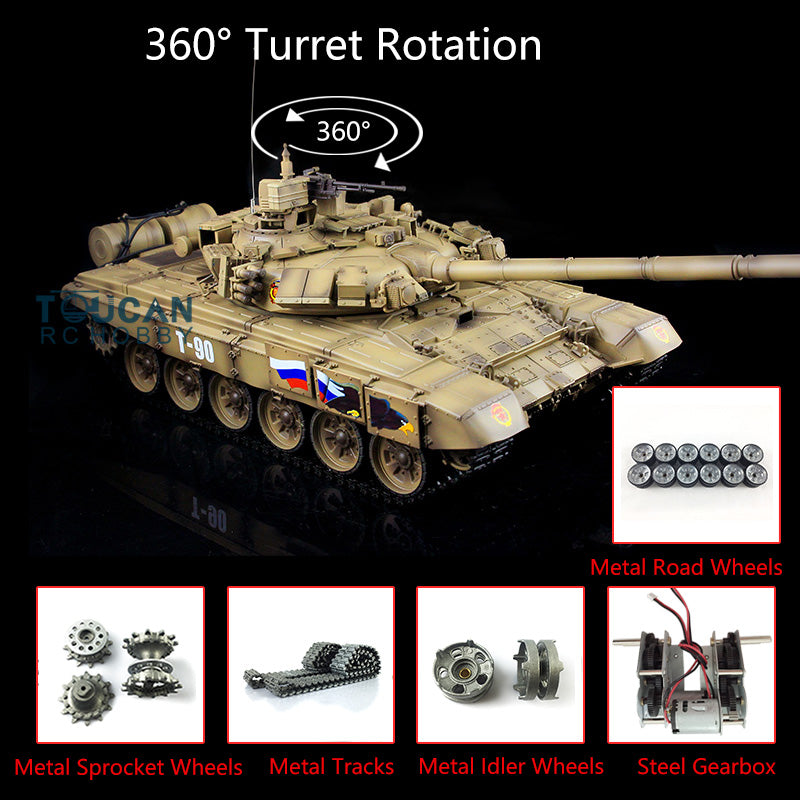 TOUCAN RC HOBBY Heng Long 7.0 Customized Russian T90 1/16 RC Tank RTR 3938 Model 360Degrees Turret Metal Tracks Wheels Steel Gearbox Speaker