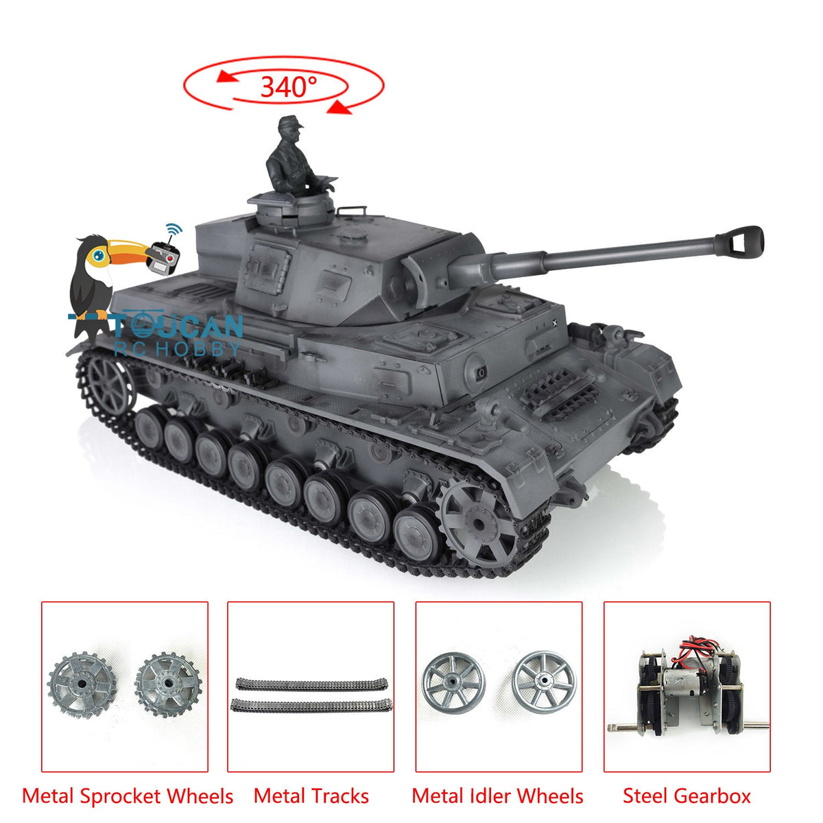 TOUCAN RC HOBBY Heng Long 1/16 7.0 Upgrade Deutscher Panzer IV F2 RTR RC-Panzer 3859 mit Metallketten, Leit- und Treibrädern, Rauchfunktion, Getriebe und Soundeffekten