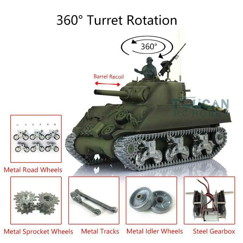 TOUCAN RC HOBBY Stock US Heng Long 1/16 7.0 Char RC M4A3 Sherman 3898 Recul du canon, tourelle 360 degrés, chenilles, roues folles, barbotins et roues de route en métal