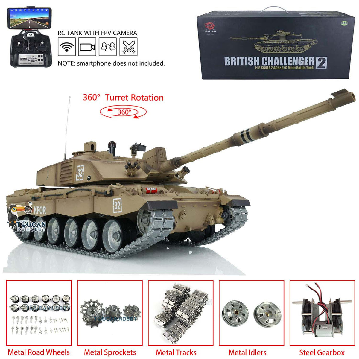 TOUCAN RC HOBBY Heng Long 1/16 TK7.0 Customize 3908 Challenger II RTR RC Tank FPV 360 Degrees Turret IR BB Smoke Metal Tracks Road Drive Idler Wheels
