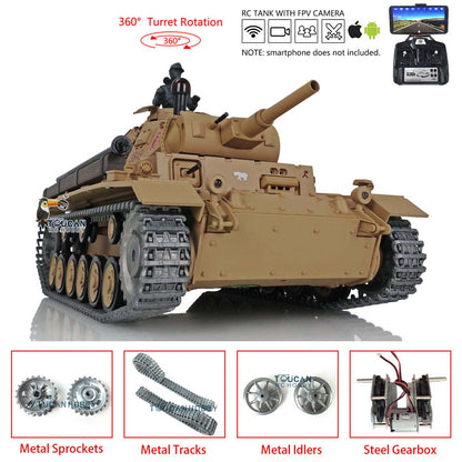 TOUCAN RC HOBBY Heng Long 1/16 Scale 7.0 Upgraded FPV Panzer III H RTR RC Tank 3849 360 Degrees Turret Metal Tracks Barrel Sprocket Wheels FPV