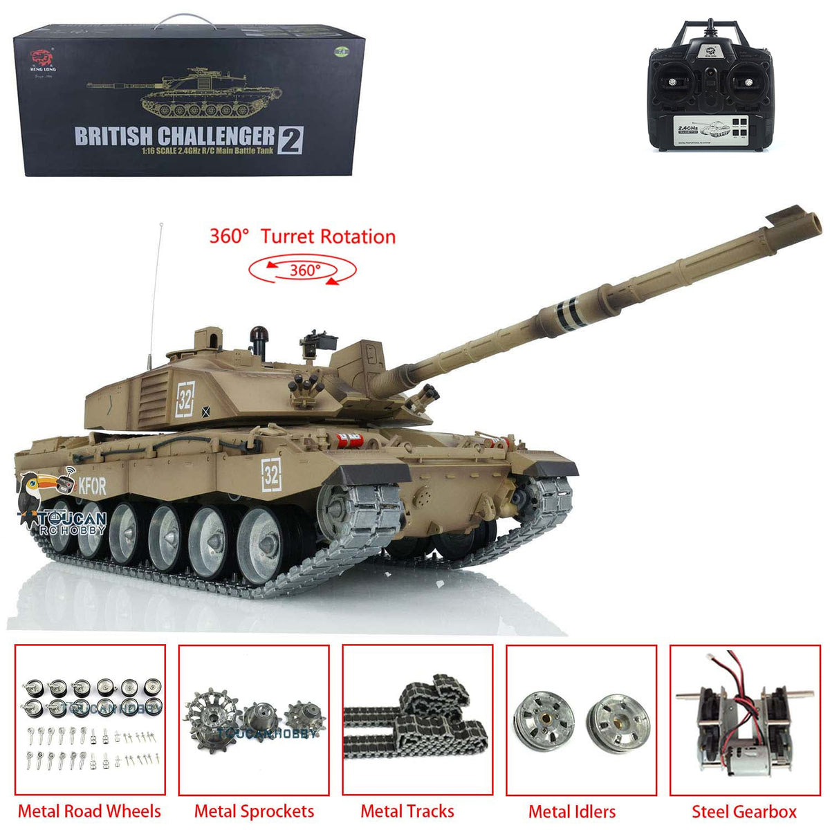 TOUCAN RC HOBBY Heng Long 1/16 TK7.0 Professional British Challenger II 3908 RTR RC Tank 360 Degrees Turret IR BB Smoke Metal Sprockets Idlers Road Wheels Single Rubber Tracks
