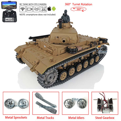 TOUCAN RC HOBBY Heng Long 1/16 Scale 7.0 Upgraded FPV Panzer III H RTR RC Tank 3849 360 Degrees Turret Metal Tracks Barrel Sprocket Wheels FPV
