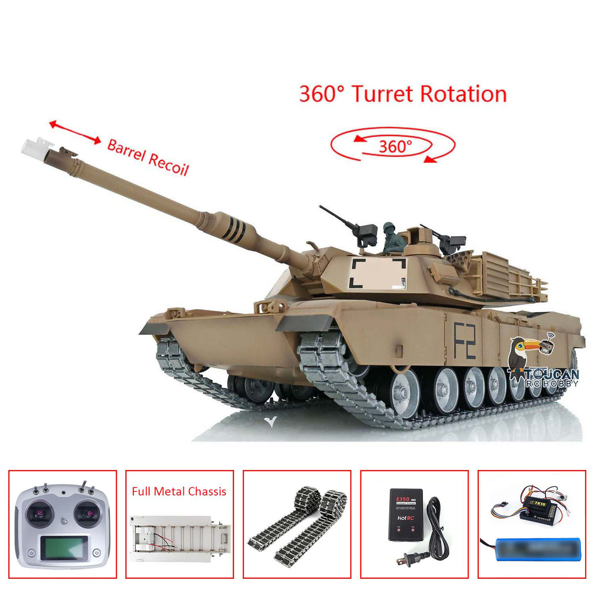 TOUCAN RC HOBBY Heng Long 1/16 RTR RC Tank 3918 M1A2 Abrams Full Metal Painted Chassis TK16 Mainboard IR Ver Smoke Upper Hull FS I6S 360 Turret