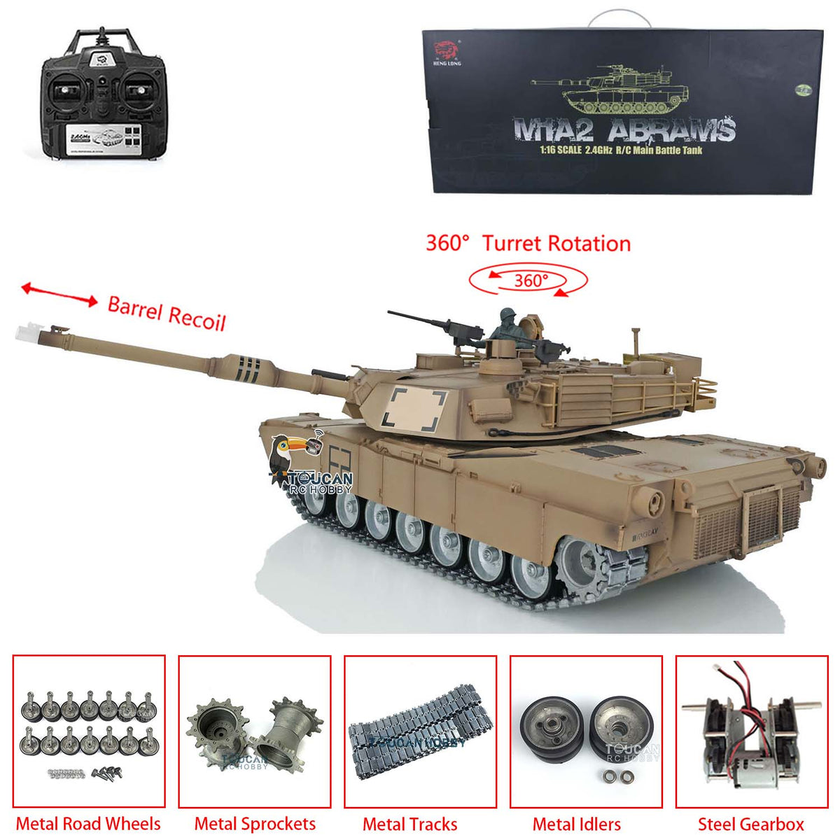TOUCAN RC HOBBY US Stock Heng Long RTR 1/16 Scale 7.0 Customized Abrams RC Tank 3918 360 Degrees Turret Barrel Recoil Metal Tracks Idlers Sprockets