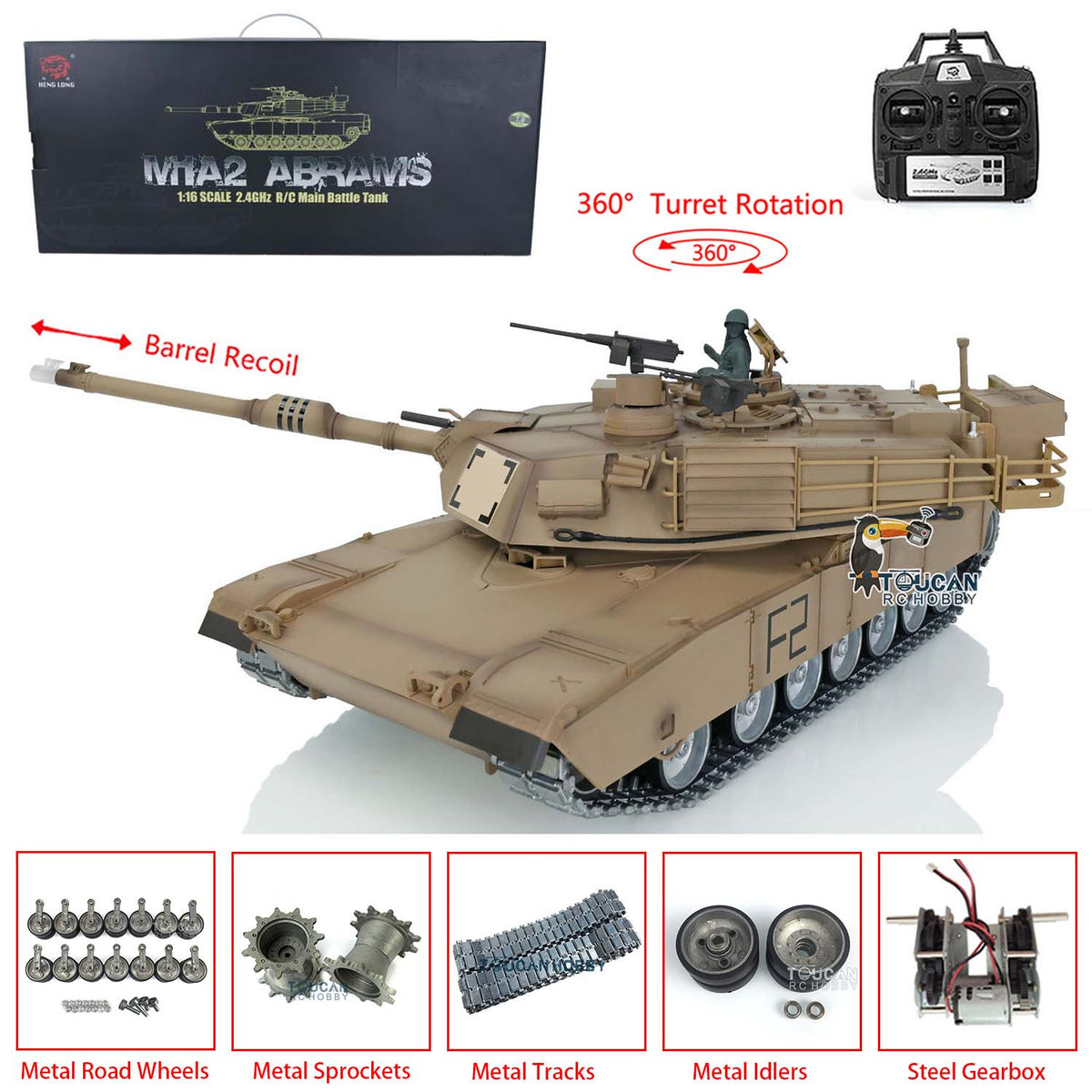 TOUCAN RC HOBBY US Stock Heng Long RTR 1/16 Scale 7.0 Customized Abrams RC Tank 3918 360 Degrees Turret Barrel Recoil Metal Tracks Idlers Sprockets