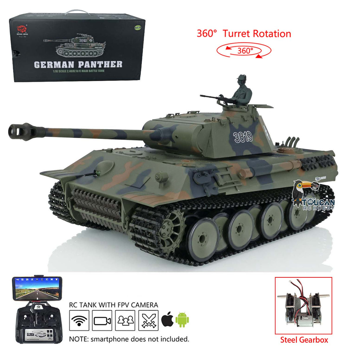TOUCAN RC HOBBY Heng Long TK7.0 1/16 Plastic German Panther RTR RC Tank 3819 FPV 360 Degrees Turret BB IR Smoke Sounds Lights Metal Steel Driving Gearbox
