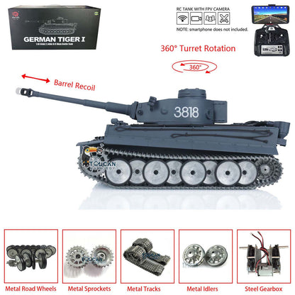 TOUCAN RC HOBBY Heng Long 1/16 TK7.0 3818 Tiger I RTR RC-Panzer FPV 360-Grad-Turm Rohr-Rücklauf Rauch Metallketten Antriebs- und Leiträder Laufrollen handlackiert