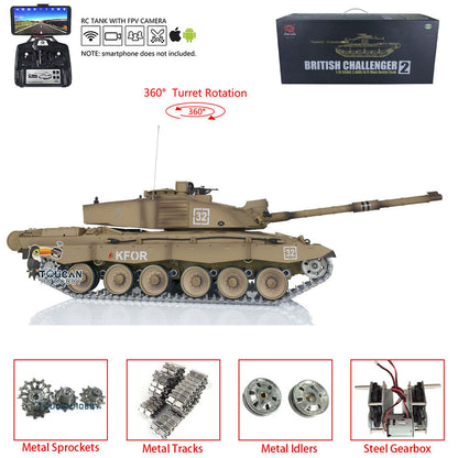 TOUCAN RC HOBBY Heng Long 1/16 TK7.0 Promotion British Challenger II 3908 RTR RC Tank 360 Degrees Turret BB IR Smoke Sound Light Metal Sprockets Idlers Wheels