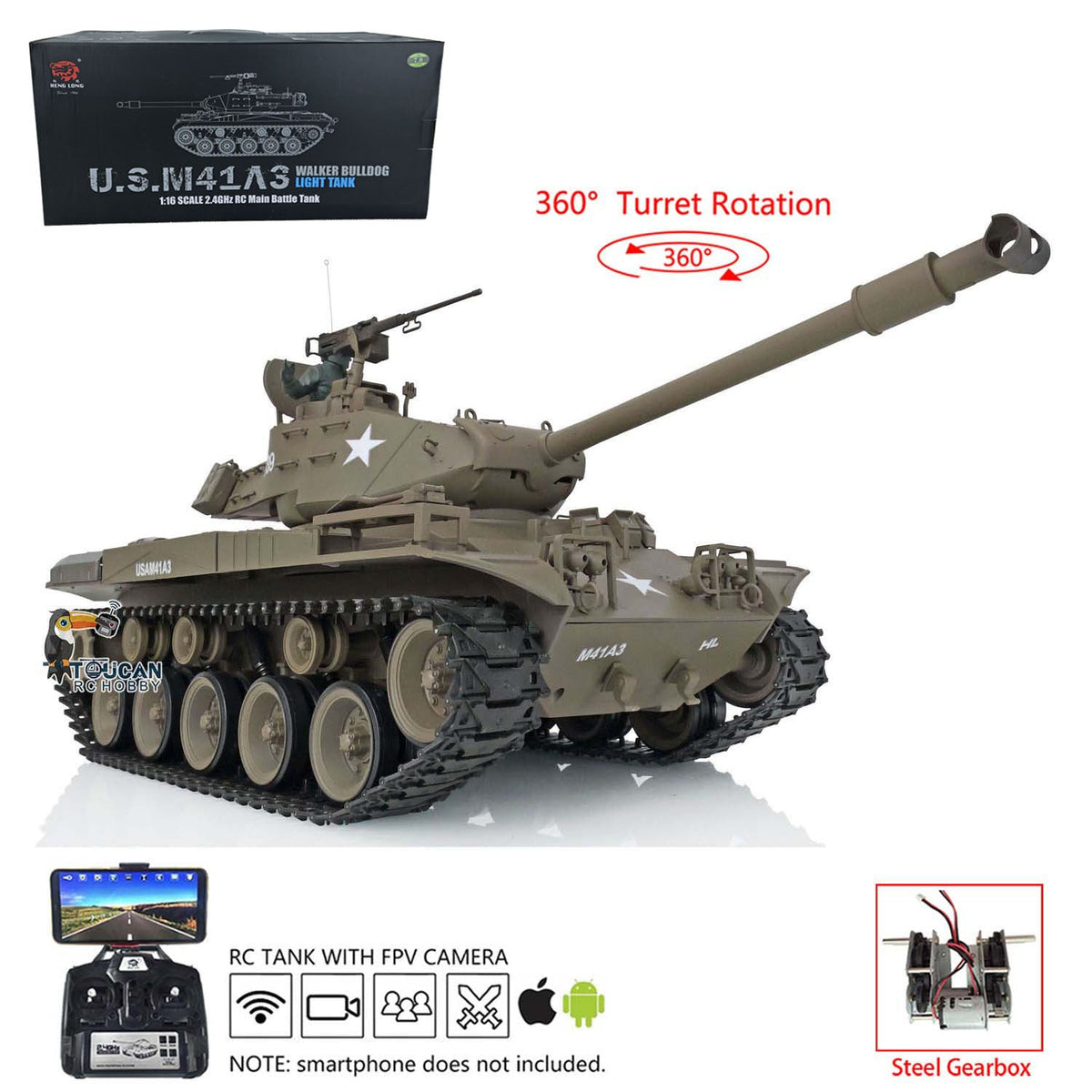 TOUCAN RC HOBBY Heng Long 1/16 Char RC USA Walker Bulldog 3839 RTR TK7.0 en plastique, FPV, tourelle 360 degrés, fumée, billes BB, infrarouge, sons, lumières, boîte de vitesses en acier