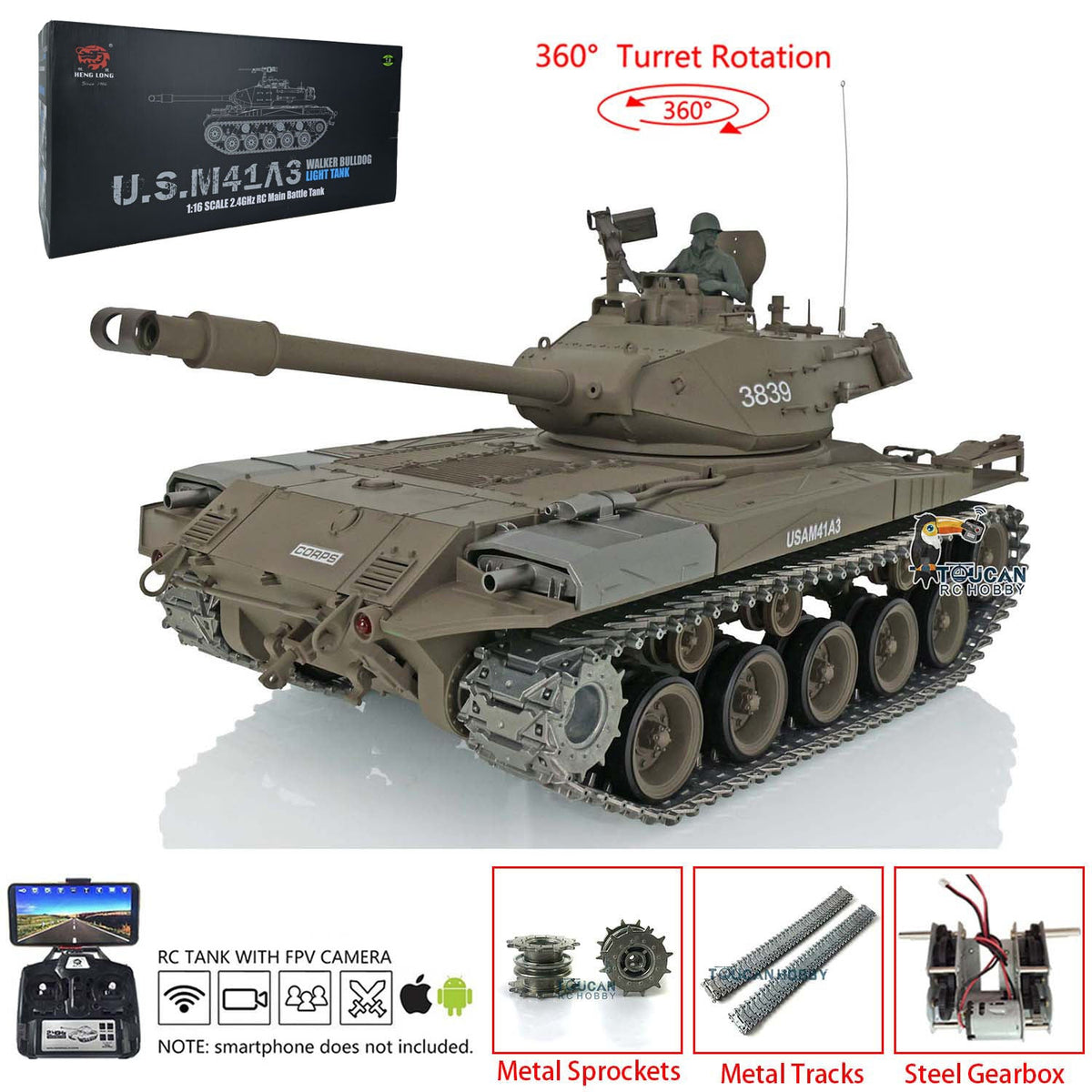 TOUCAN RC HOBBY Heng Long 1/16 TK7.0 USA Walker Bulldog 3839 RTR RC Tank FPV 360 Degrees Turret Smoke IR BB Unit Metal Tracks Gearbox Sprockets Wheels