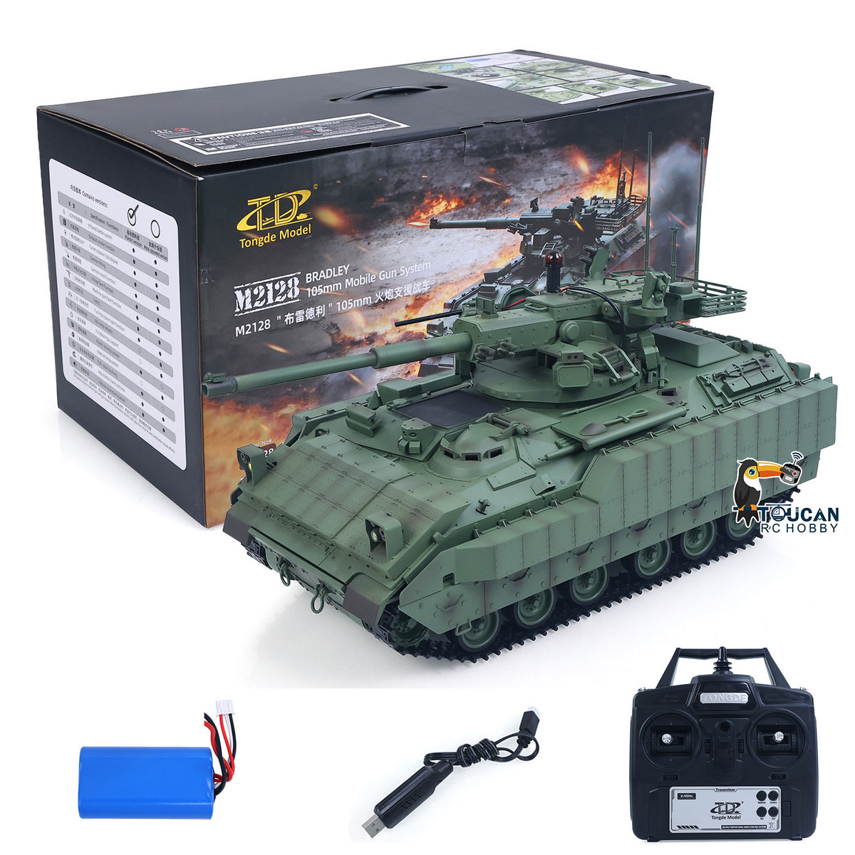TOUCAN RC HOBBY Tongde 1/16 Remote Control Tank Model M2128 Bradley Infrared System 320 Degree Rotation Turret Light Sounds Battery Ready to Run