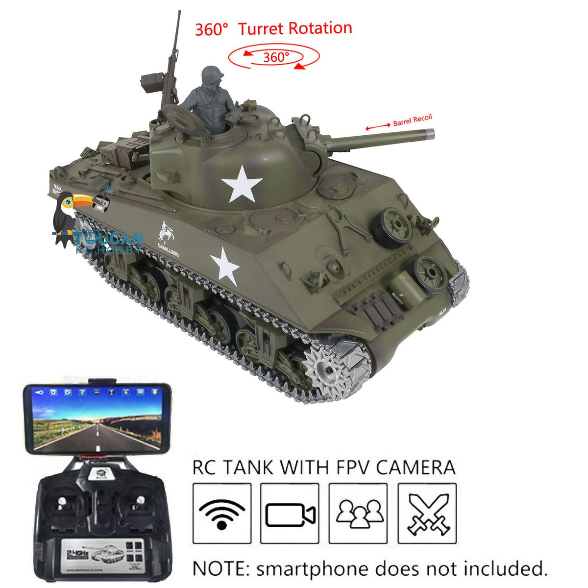 TOUCAN RC HOBBY Heng Long 1/16 TK7.0 USA M4A3 Sherman 3898 RTR RC Tank FPV Barrel Recoil 360 Degrees Turret BB IR Smoke Metal Tracks Sprockets Idlers Wheels
