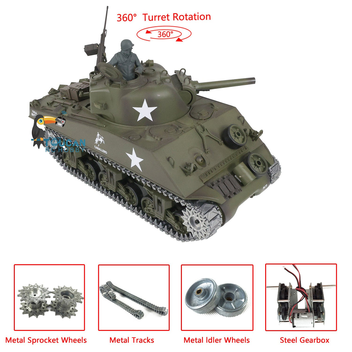 TOUCAN RC HOBBY Heng Long 1/16 TK7.0 Promotion USA M4A3 Sherman RTR RC Tank 3898 360 Degrees Turret Smoke BB IR Metal Barrel Tracks Sprockets Idlers Wheels Gearbox