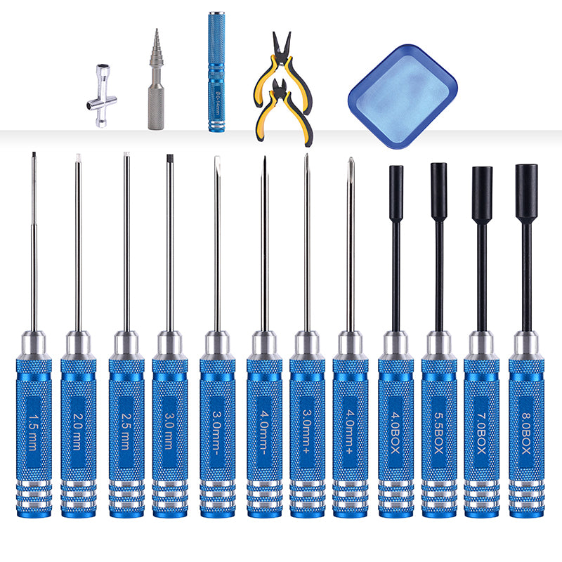 TOUCAN RC HOBBY YZWJ Kit d'outils : tournevis hexagonal, alésoir, pinces, règle, ciseaux, tournevis plat et cruciforme pour drone RC, bateau, voiture radiocommandée et modélisme DIY