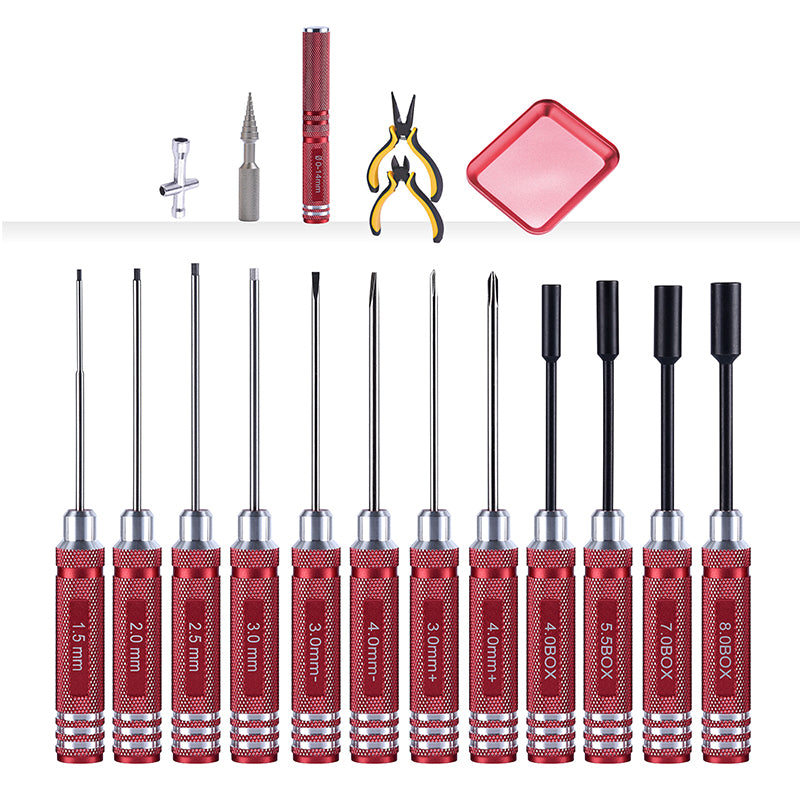 TOUCAN RC HOBBY YZWJ Kit d'outils : tournevis hexagonal, alésoir, pinces, règle, ciseaux, tournevis plat et cruciforme pour drone RC, bateau, voiture radiocommandée et modélisme DIY