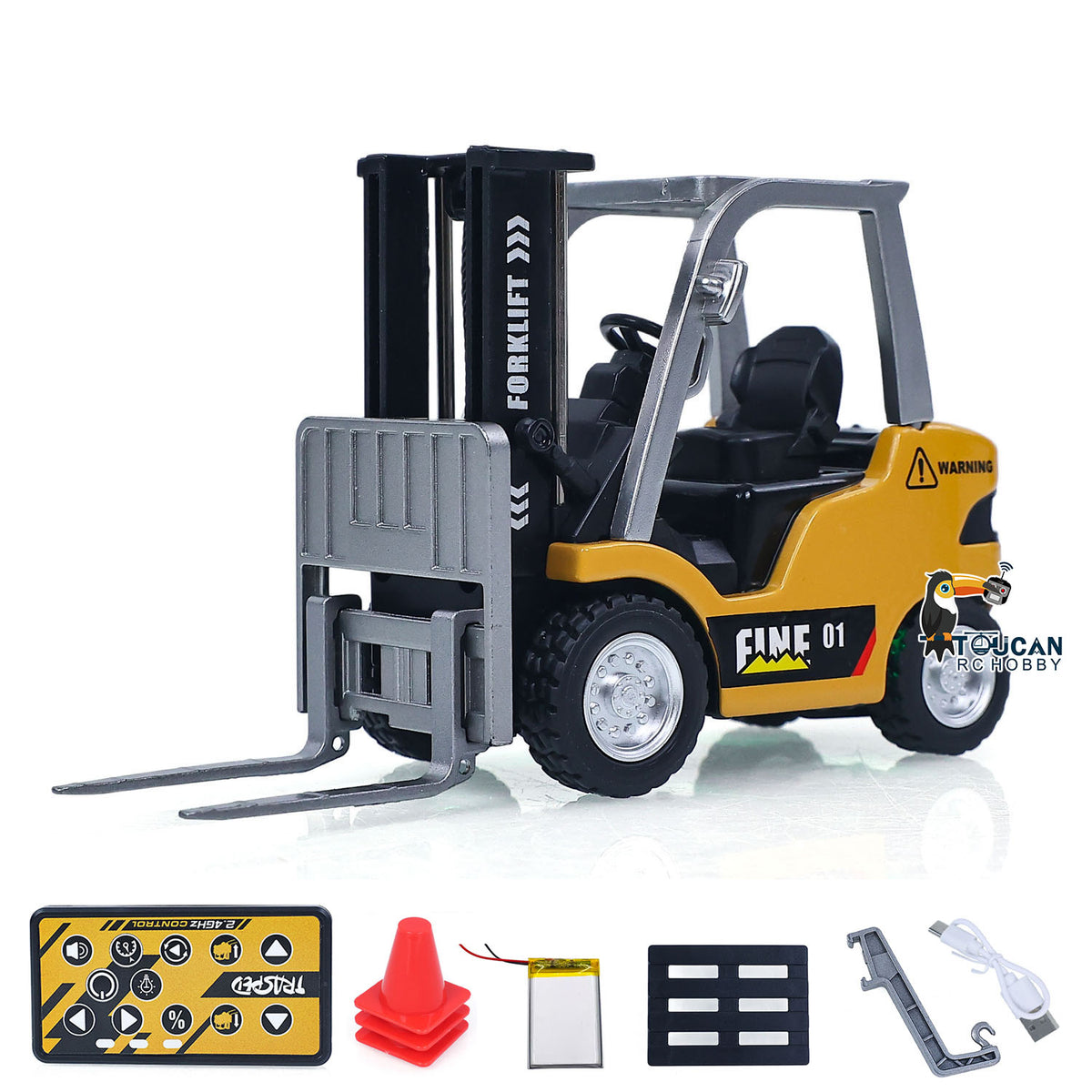 TOUCAN RC HOBBY Heng Guan 1/64 RC Forklift Full Proportion Control Realistic Details Road Barrier Desktop Ornaments Parent Child Interaction RTR