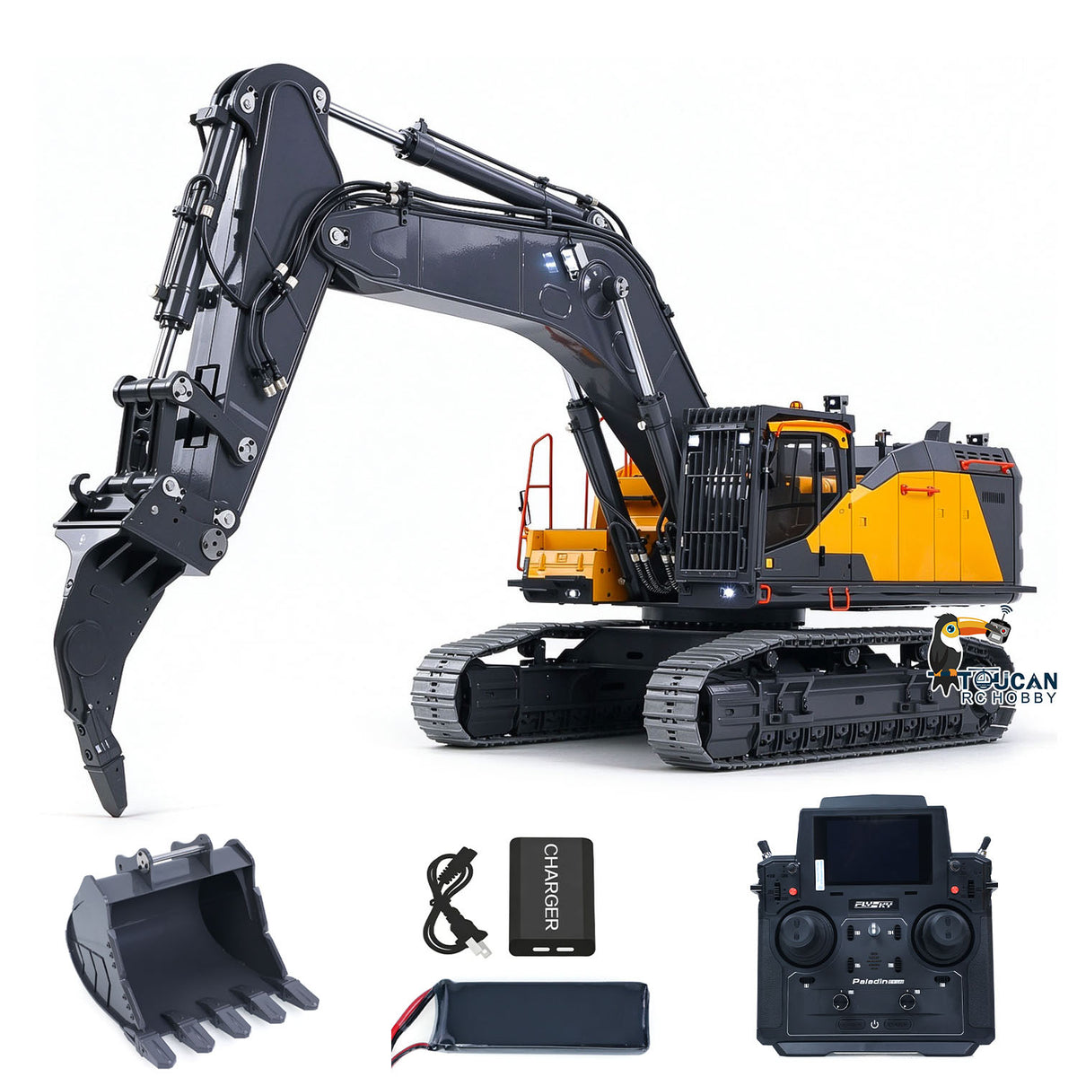 TOUCAN RC HOBBY MTModel EC950 1/14 Metal RC Hydraulic Excavator Dual Pump Digger Model 8CH Valve Ripper Light Sound Brushless Drive Motor Display Screens for Adult