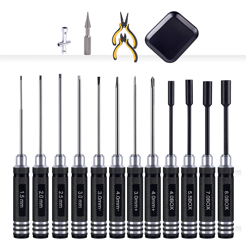 TOUCAN RC HOBBY YZWJ Kit d'outils : tournevis hexagonal, alésoir, pinces, règle, ciseaux, tournevis plat et cruciforme pour drone RC, bateau, voiture radiocommandée et modélisme DIY