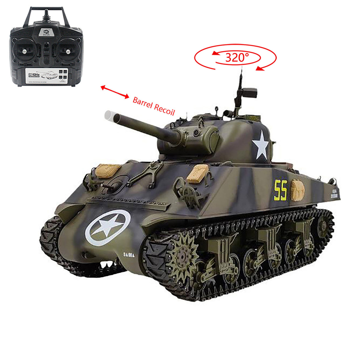 TOUCAN RC HOBBY CoolBank Plastic 1/16 7.0 RC Tank M4A3 Sherman 3898 320 Degrees Turret Barrel Recoil BB IR Smoking Steel Gearbox Battery 2.4G Radio
