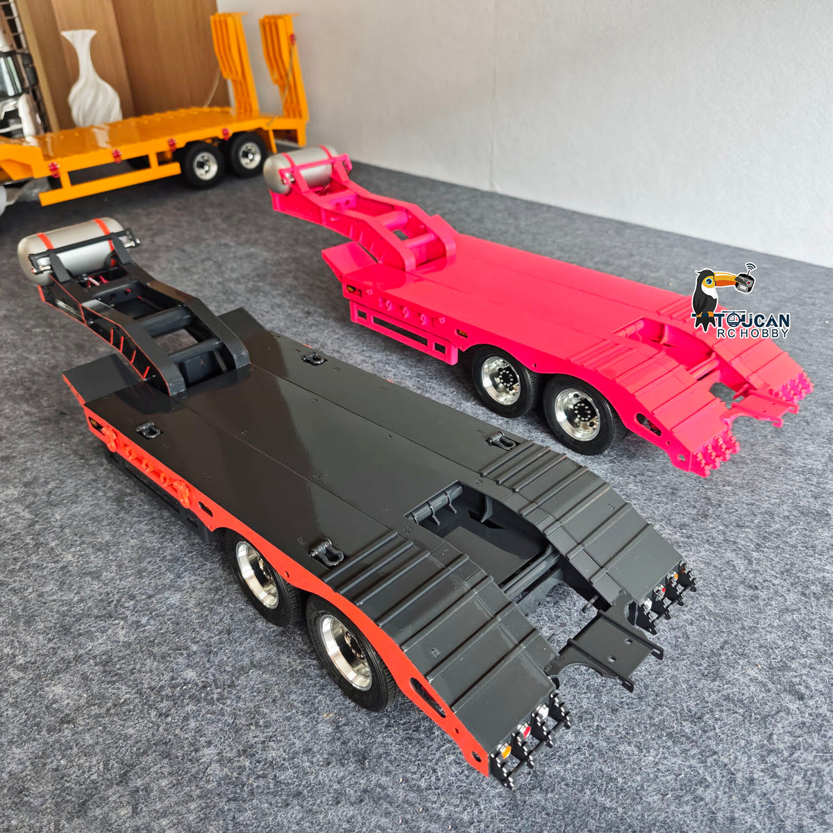 Remorque plateau 2 essieux en métal HHG Model 1/14 TOUCAN RC HOBBY, largeur réglable manuellement de 18 à 23 cm, avec lumières et roues en acier inoxydable pour modèle de camion tracteur RC