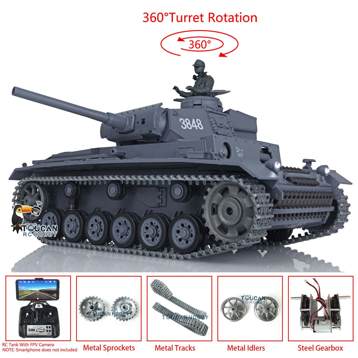 TOUCAN RC HOBBY Heng Long 1/16 TK7.0 Promotion German Panzer III L RTR RC Tank 3848 FPV 360 Degrees Turret IR BB Smoke Metal Barrel Idlers Sprockets Wheels Tracks Gearbox