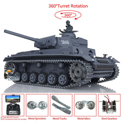 TOUCAN RC HOBBY Heng Long 1/16 TK7.0 Promotion German Panzer III L RTR RC Tank 3848 FPV 360 Degrees Turret IR BB Smoke Metal Barrel Idlers Sprockets Wheels Tracks Gearbox