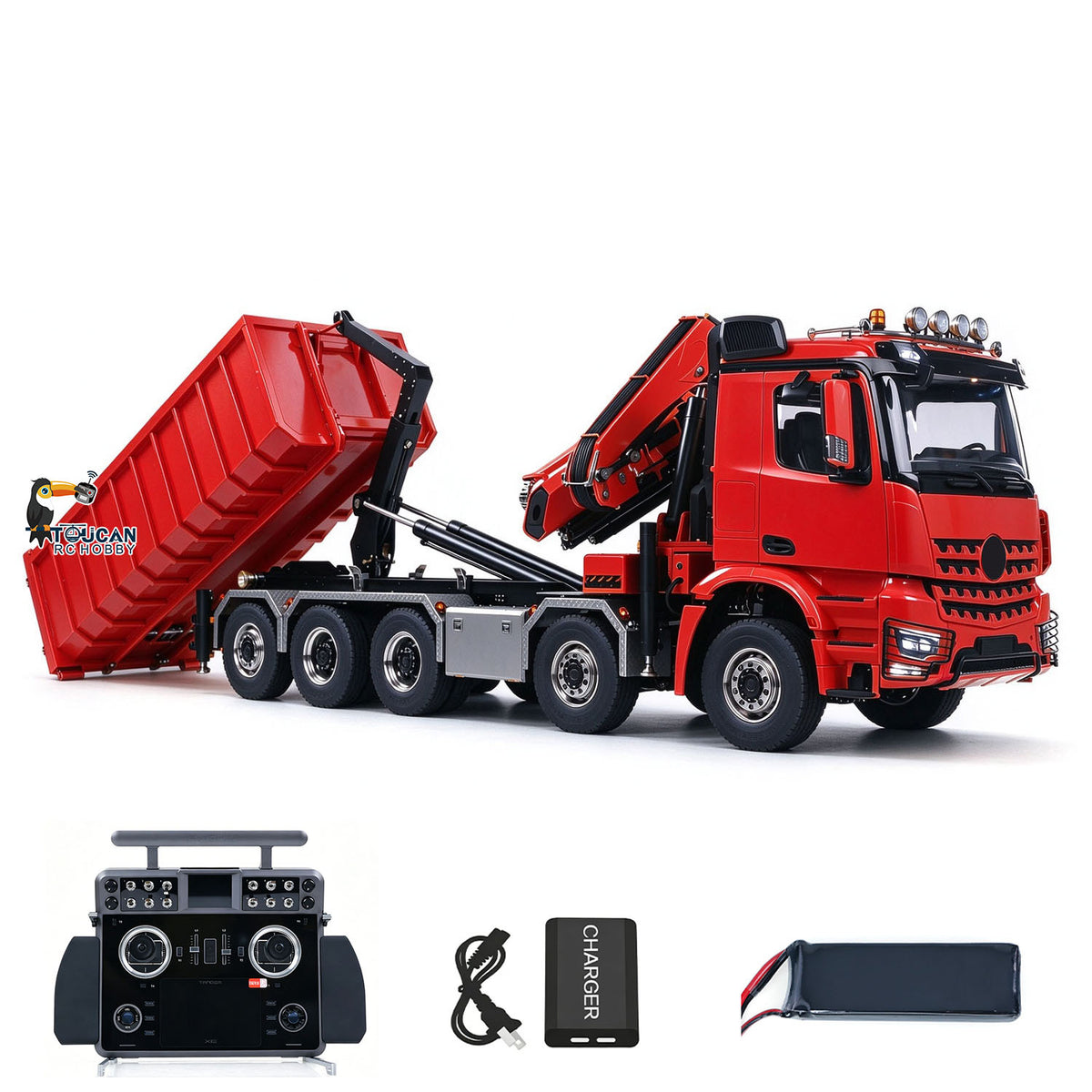 TOUCAN RC HOBBY LXY 1/14 10x10 RC Hydraulic Crane Dump Truck Radio Control Full Dumper Lorry with U-shaped Short High Standard Bucket Timber Flatbed