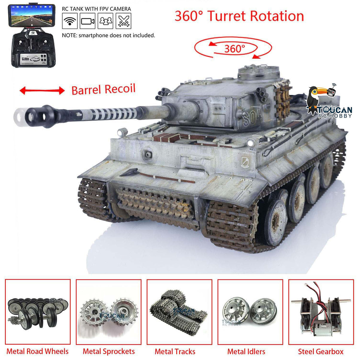 TOUCAN RC HOBBY Heng Long 1/16 TK7.0 3818 Tiger I RTR RC-Panzer FPV 360-Grad-Turm Rohr-Rücklauf Rauch Metallketten Antriebs- und Leiträder Laufrollen handlackiert