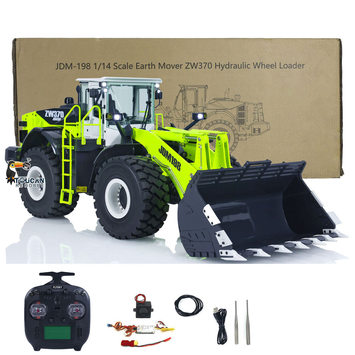 TOUCAN RC HOBBY JDModel 198 ZW370 1/14 Metal RC Hydraulic RTR Loader 2-Speed Transmission ST8 Controller Light Sound Axles Lock Brushless Motor & ESC for Model Collectors